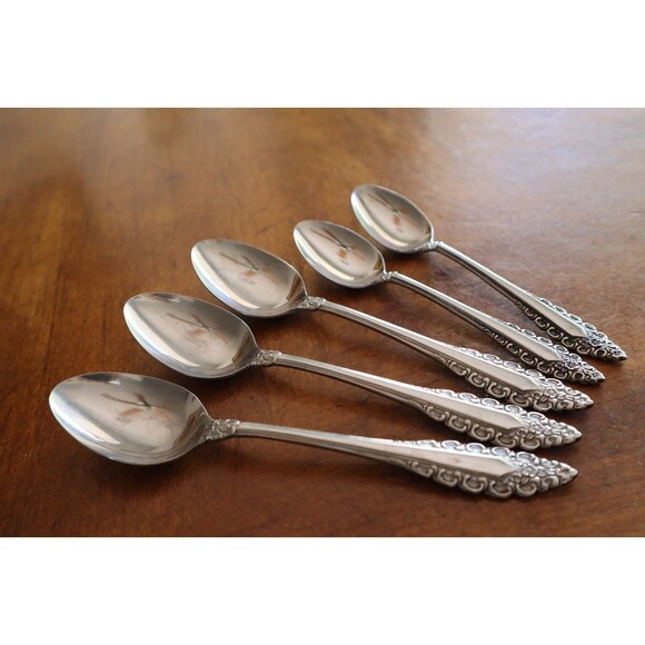 Orleans Silver Black Scroll Floral 5x Dinner Teaspoon Spoon Lot Stainless Japan - Picture 7 of 8